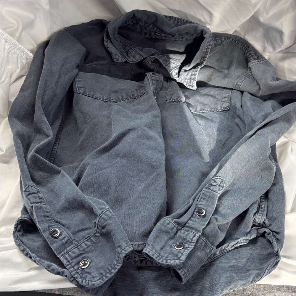 MOTHER Gray collard button down linnen blend long sleeve pocket shirt S - Picture 4 of 13